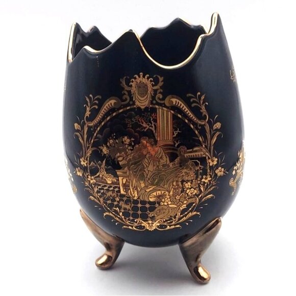 Limoges Egg Vase Porcelain Navy Blue Gold Neo-Classical 3-Footed Vintage France - Picture 1 of 7